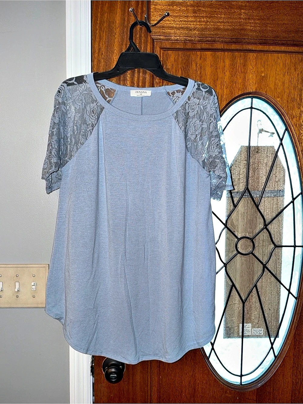 Zenana Floral Lace Raglan Short Sleeve Top Blue XL